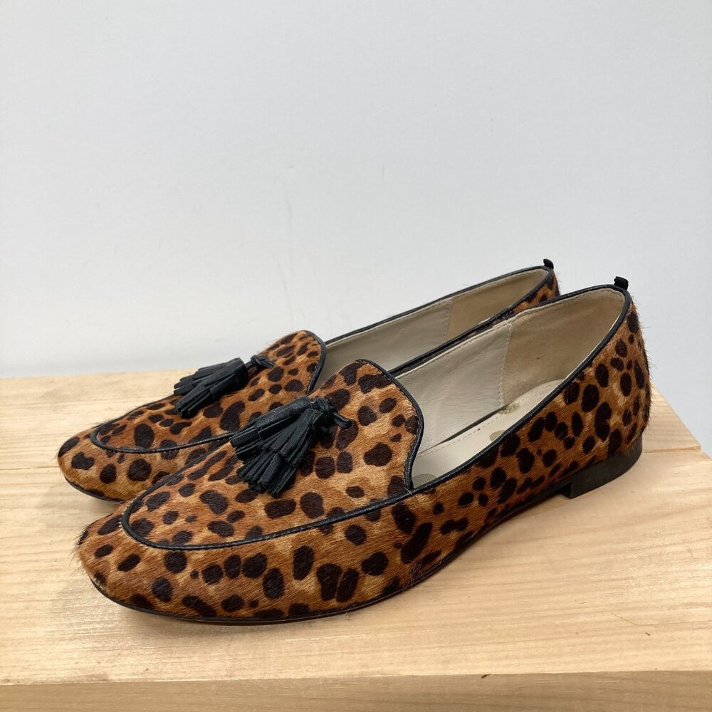 Boden Ines Loafers, Size 6, 36.5 Leather Calf Hair Animal Print Tassels Flats‎